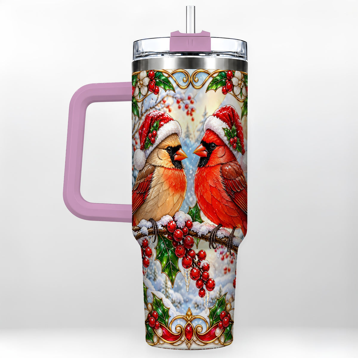 #pl[40oz|Pink] Christmas Cardinal 40oz Tumbler with Handle, Winter Bird Travel Cup