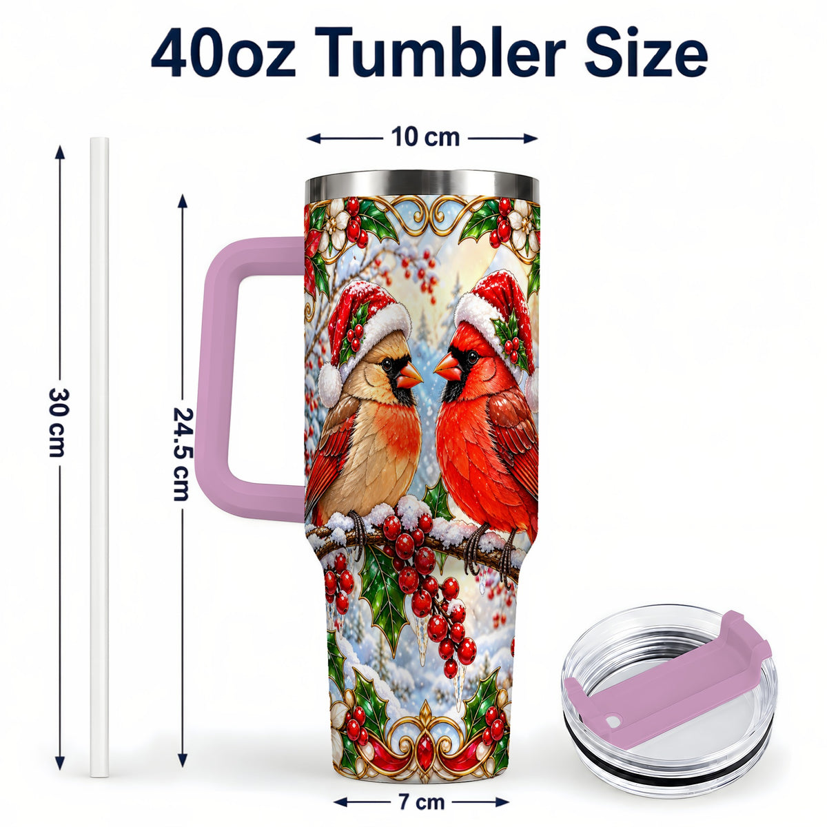 #pl[40oz|Pink] Christmas Cardinal 40oz Tumbler with Handle, Winter Bird Travel Cup