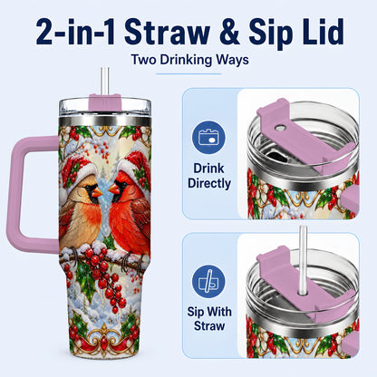#pl[40oz|Pink] Christmas Cardinal 40oz Tumbler with Handle, Winter Bird Travel Cup