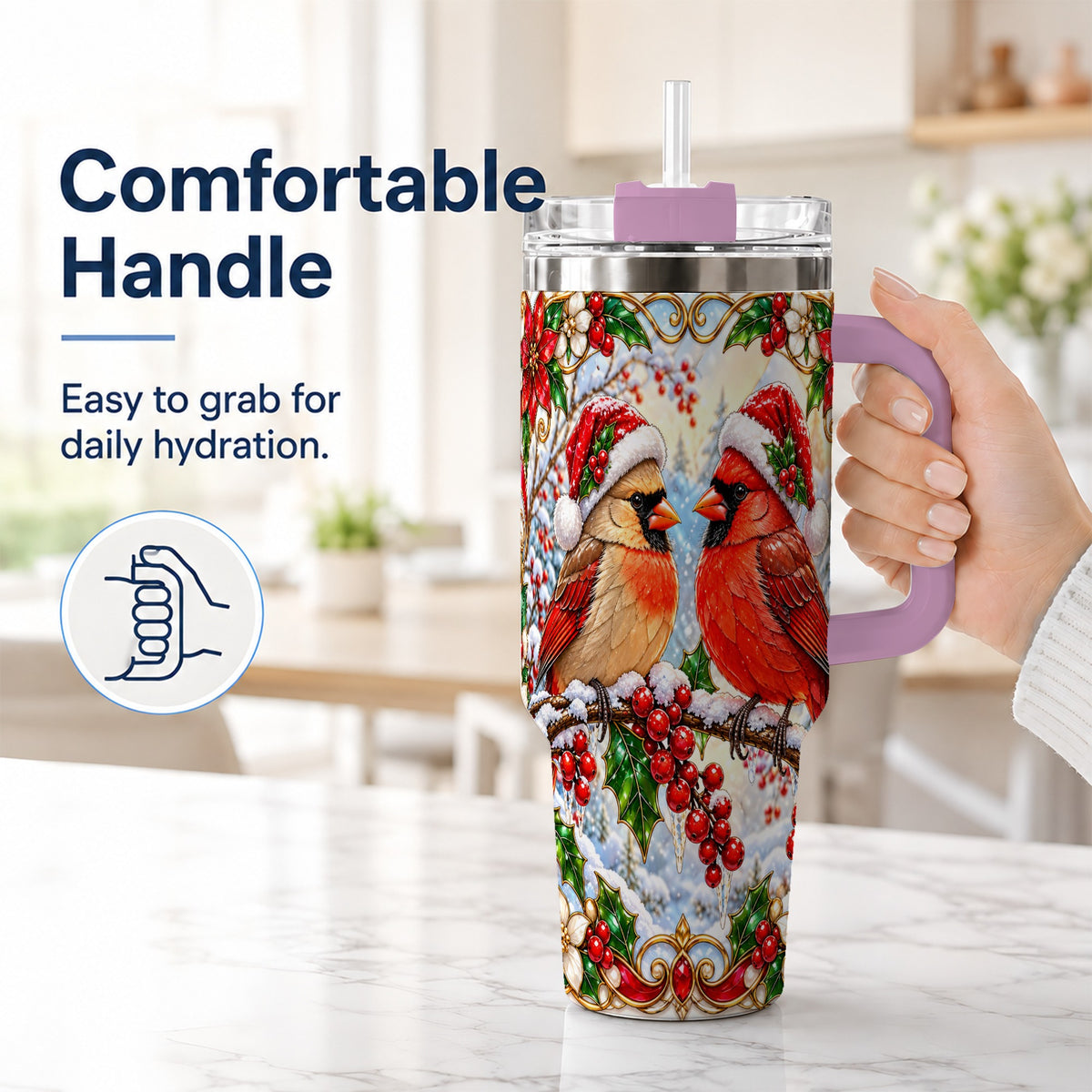 #pl[40oz|Pink] Christmas Cardinal 40oz Tumbler with Handle, Winter Bird Travel Cup
