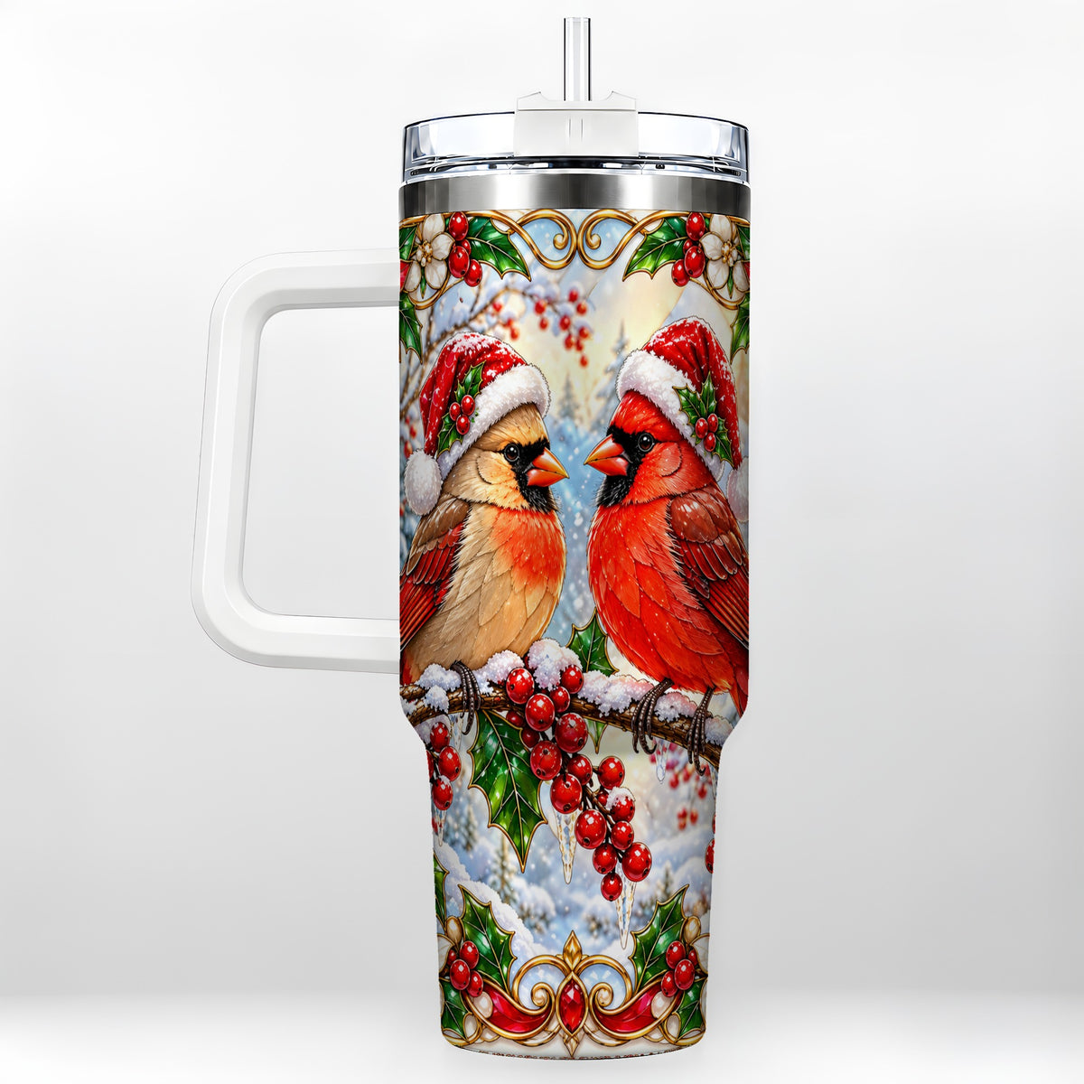 Christmas Cardinal 40oz Tumbler with Handle, Winter Bird Travel Cup