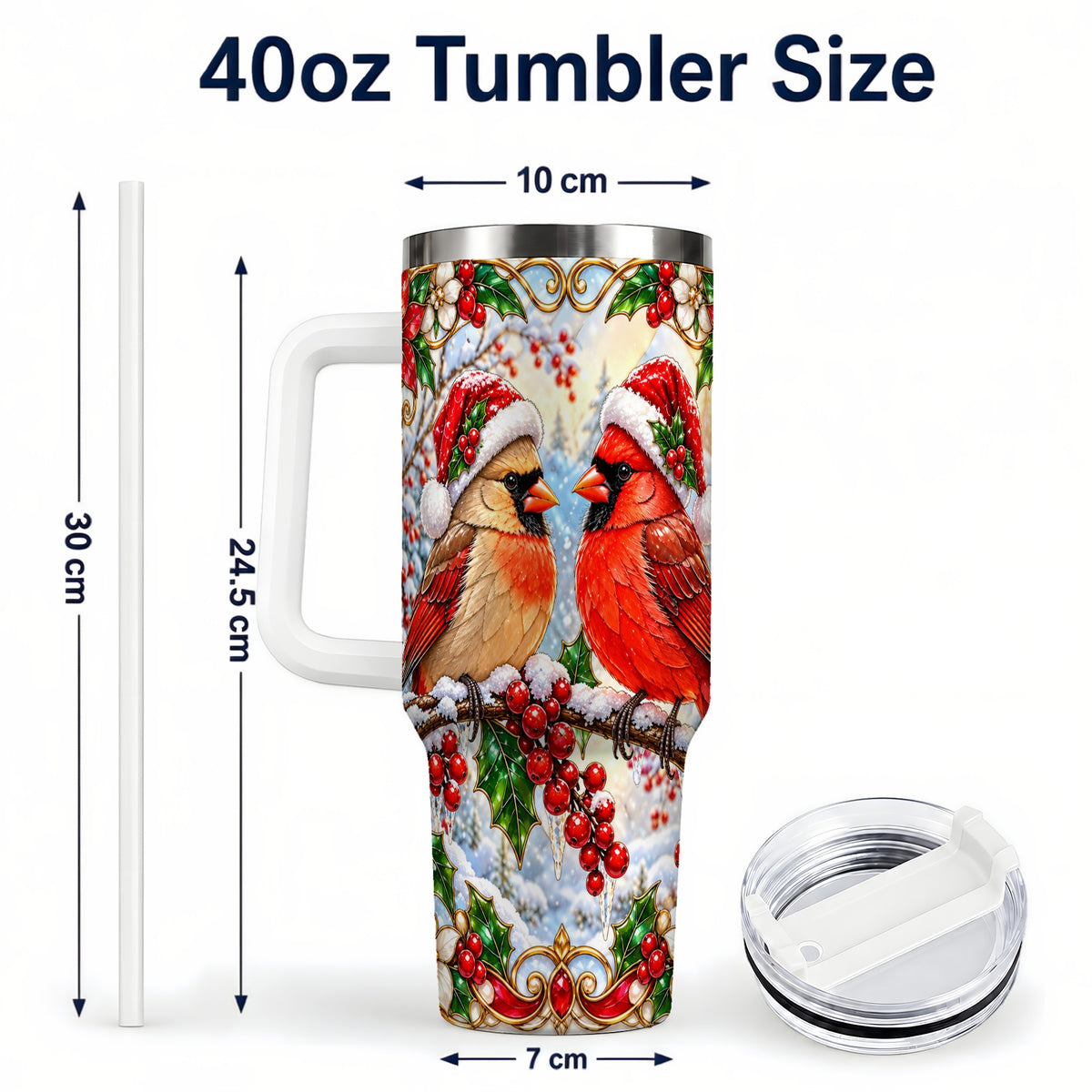 #pl[40oz|White] Christmas Cardinal 40oz Tumbler with Handle, Winter Bird Travel Cup
