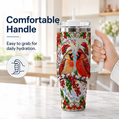 #pl[40oz|White] Christmas Cardinal 40oz Tumbler with Handle, Winter Bird Travel Cup