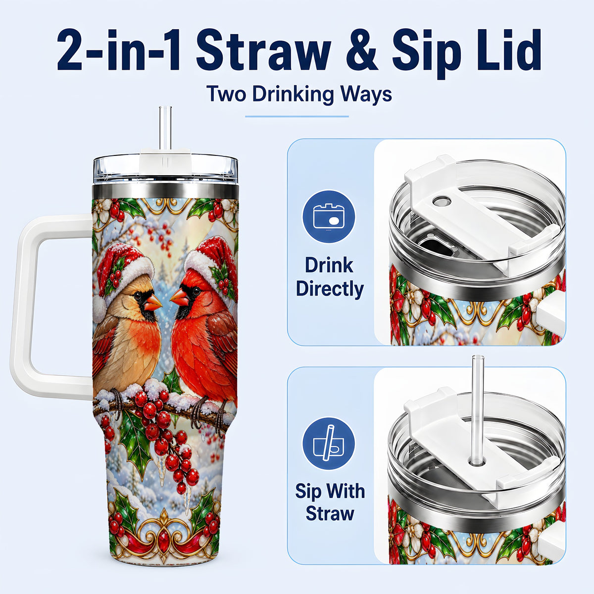 #pl[40oz|White] Christmas Cardinal 40oz Tumbler with Handle, Winter Bird Travel Cup