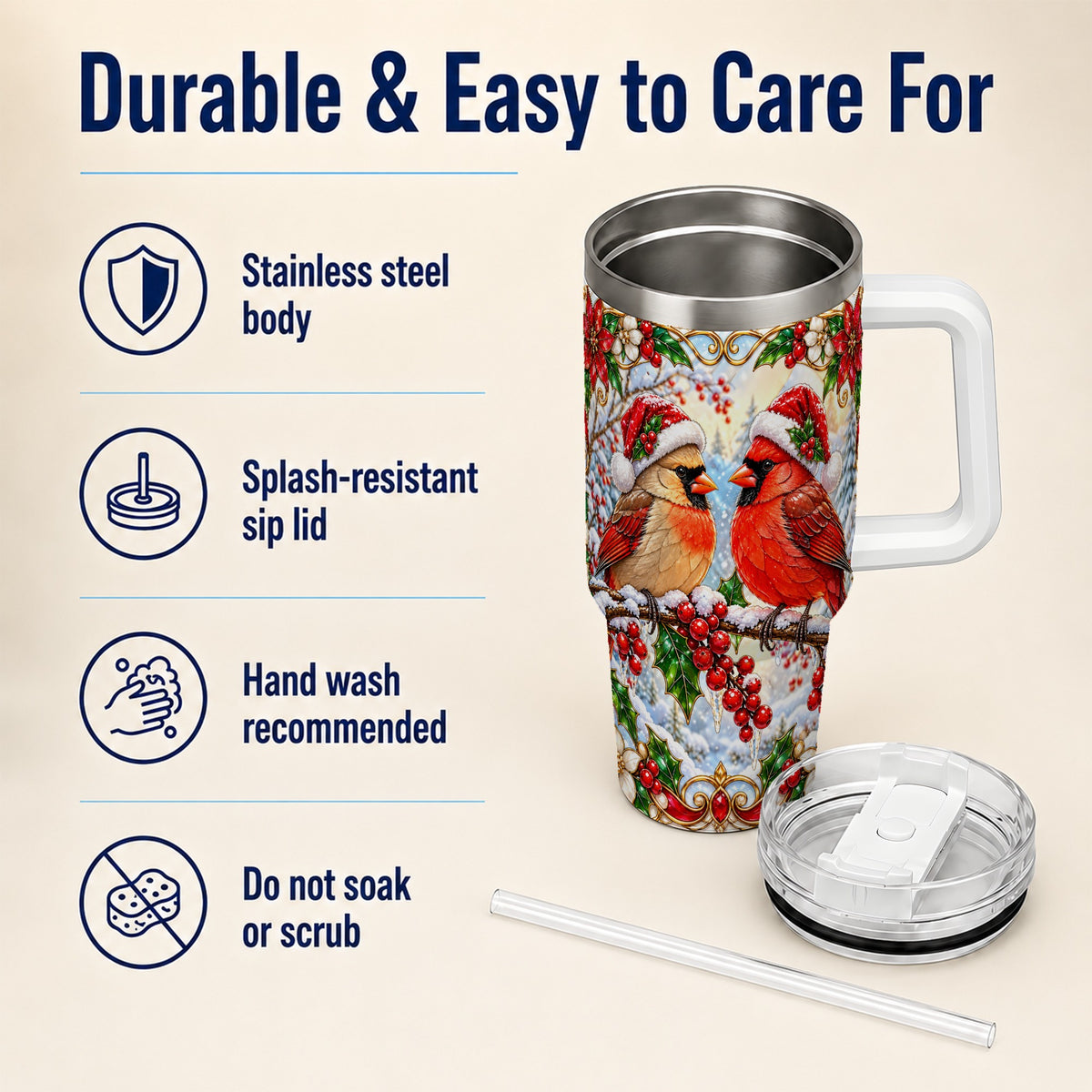 Christmas Cardinal 40oz Tumbler with Handle, Winter Bird Travel Cup