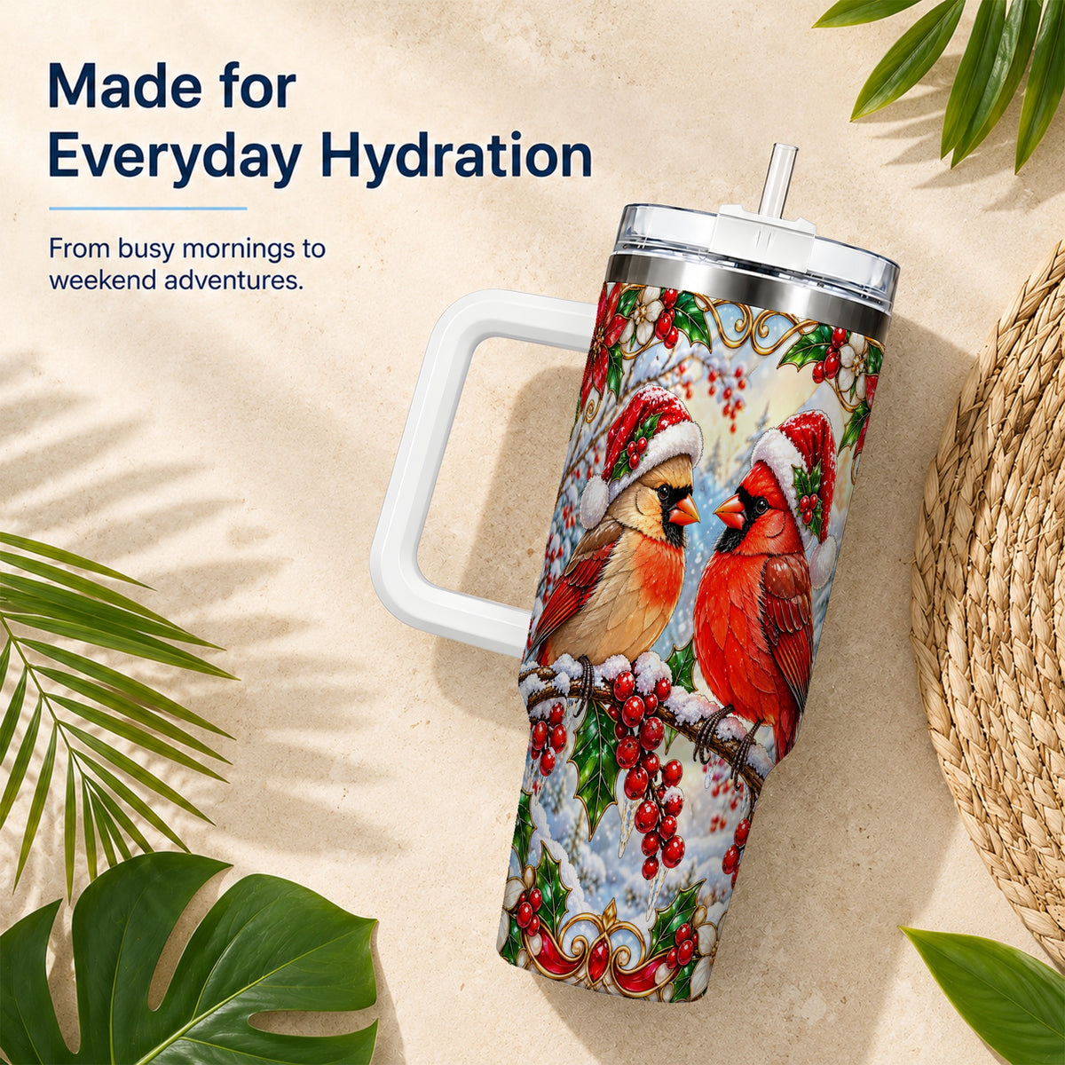 Christmas Cardinal 40oz Tumbler with Handle, Winter Bird Travel Cup