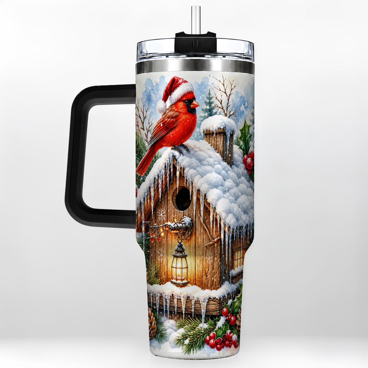 #pl[40oz|Black] Snowy Cardinal 40oz Tumbler with Handle, Winter Birdhouse Travel Cup