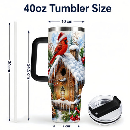 #pl[40oz|Black] Snowy Cardinal 40oz Tumbler with Handle, Winter Birdhouse Travel Cup