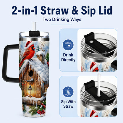 #pl[40oz|Black] Snowy Cardinal 40oz Tumbler with Handle, Winter Birdhouse Travel Cup