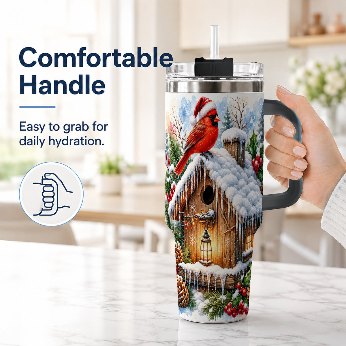 #pl[40oz|Black] Snowy Cardinal 40oz Tumbler with Handle, Winter Birdhouse Travel Cup
