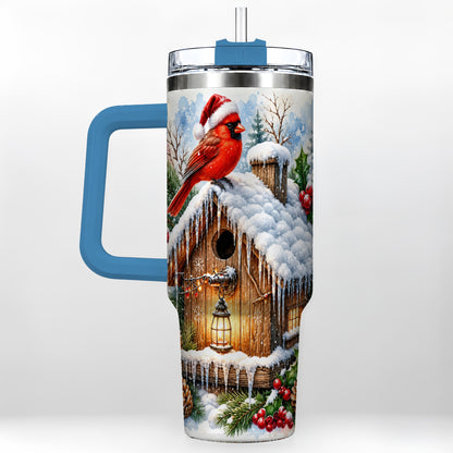 #pl[40oz|Blue] Snowy Cardinal 40oz Tumbler with Handle, Winter Birdhouse Travel Cup