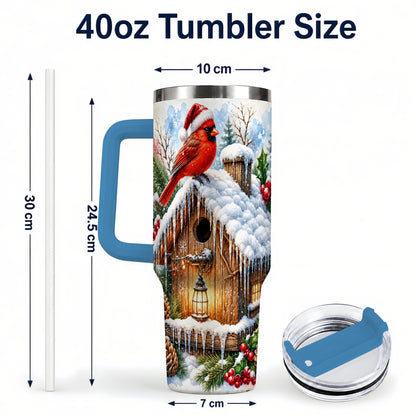#pl[40oz|Blue] Snowy Cardinal 40oz Tumbler with Handle, Winter Birdhouse Travel Cup