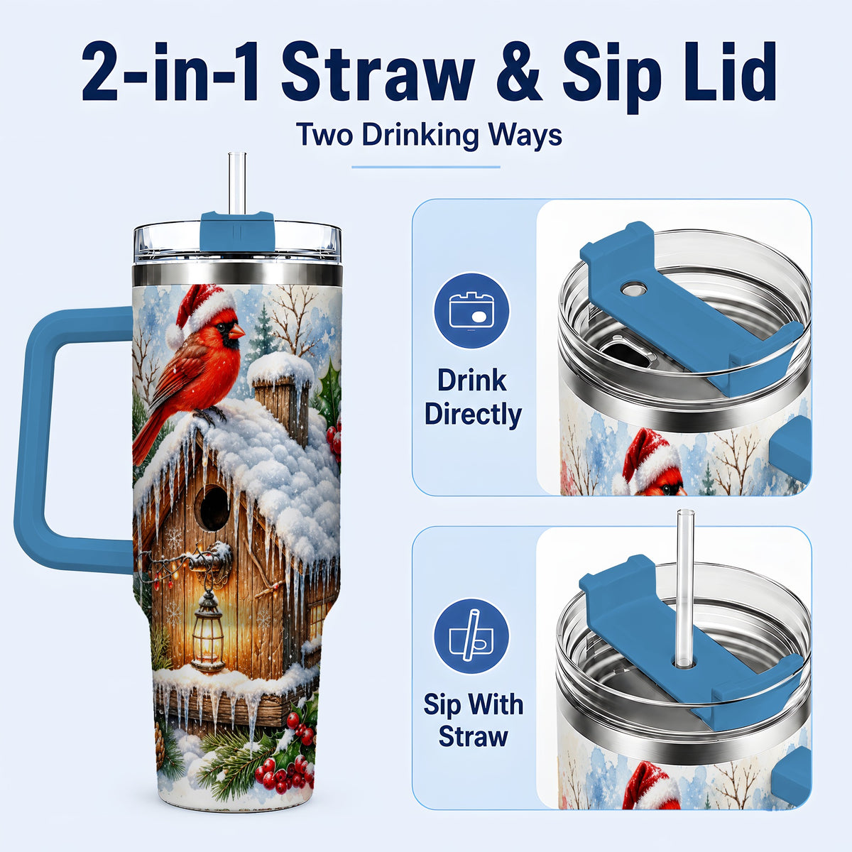 #pl[40oz|Blue] Snowy Cardinal 40oz Tumbler with Handle, Winter Birdhouse Travel Cup