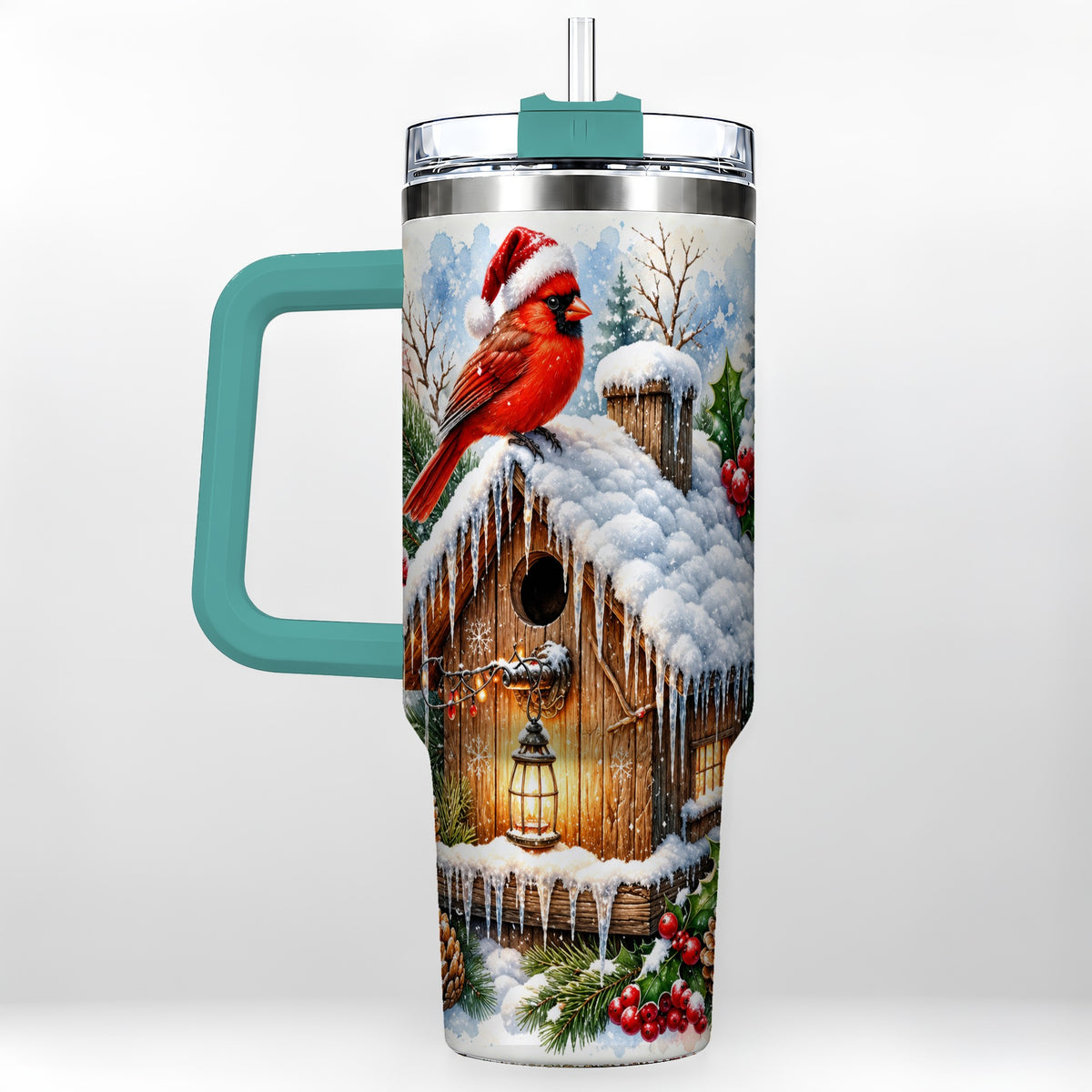 #pl[40oz|Green] Snowy Cardinal 40oz Tumbler with Handle, Winter Birdhouse Travel Cup