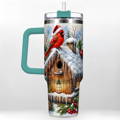 #pl[40oz|Green] Snowy Cardinal 40oz Tumbler with Handle, Winter Birdhouse Travel Cup