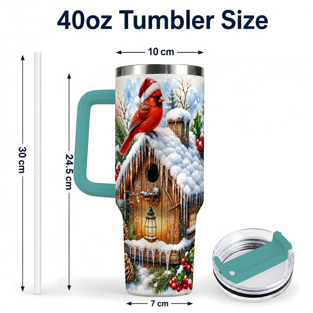#pl[40oz|Green] Snowy Cardinal 40oz Tumbler with Handle, Winter Birdhouse Travel Cup