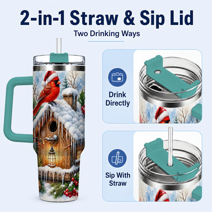 #pl[40oz|Green] Snowy Cardinal 40oz Tumbler with Handle, Winter Birdhouse Travel Cup