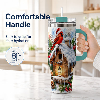 #pl[40oz|Green] Snowy Cardinal 40oz Tumbler with Handle, Winter Birdhouse Travel Cup