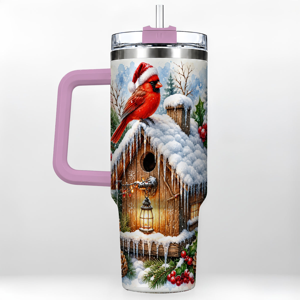 #pl[40oz|Pink] Snowy Cardinal 40oz Tumbler with Handle, Winter Birdhouse Travel Cup