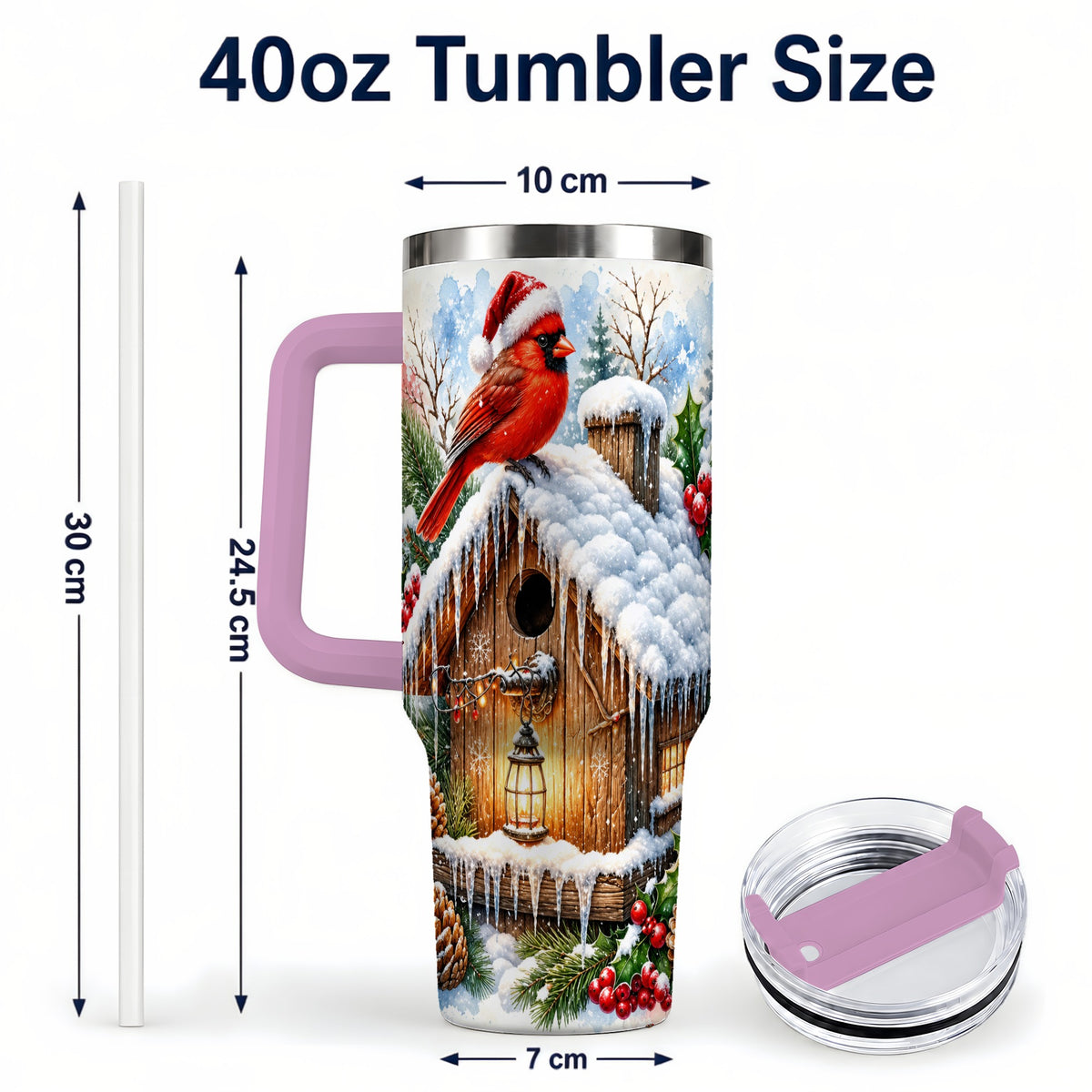 #pl[40oz|Pink] Snowy Cardinal 40oz Tumbler with Handle, Winter Birdhouse Travel Cup