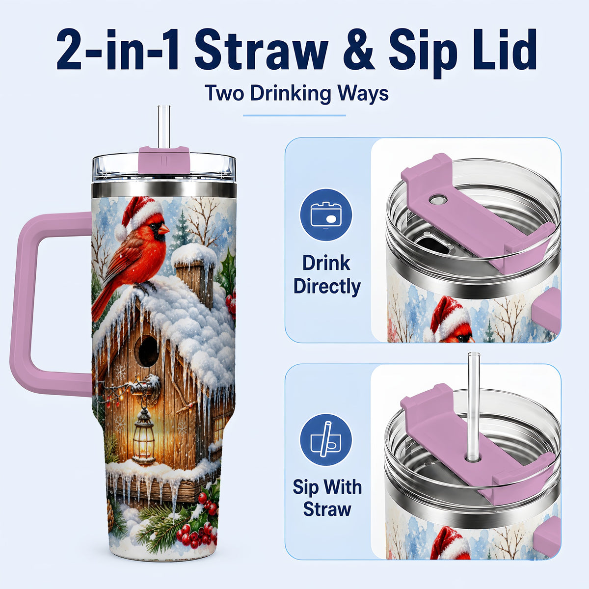 #pl[40oz|Pink] Snowy Cardinal 40oz Tumbler with Handle, Winter Birdhouse Travel Cup
