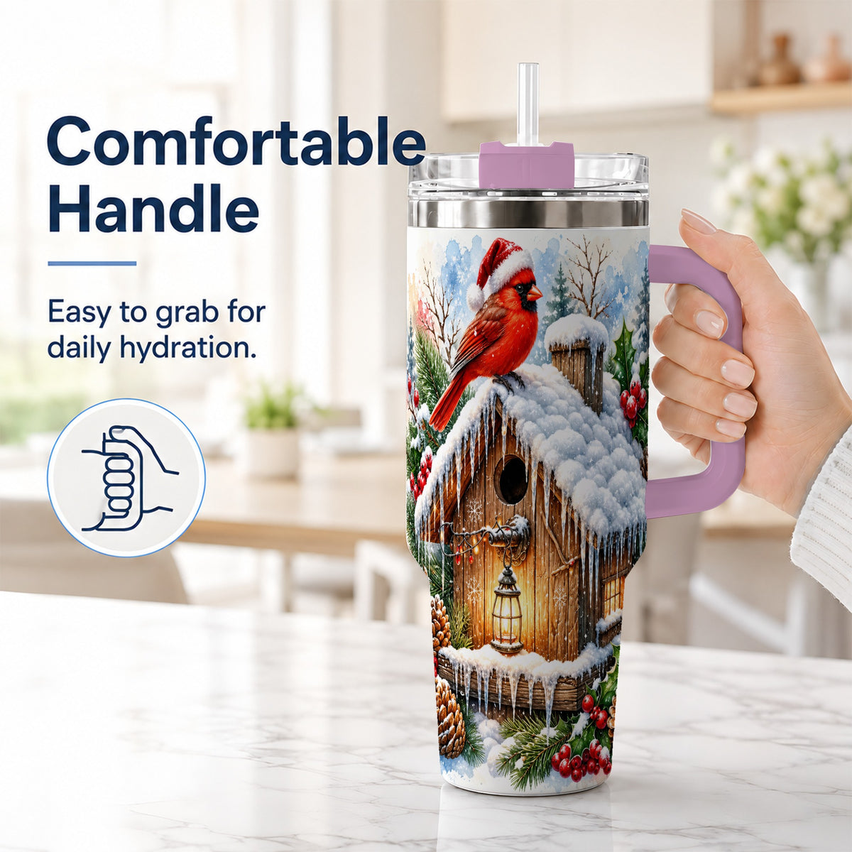 #pl[40oz|Pink] Snowy Cardinal 40oz Tumbler with Handle, Winter Birdhouse Travel Cup