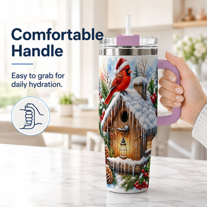 #pl[40oz|Pink] Snowy Cardinal 40oz Tumbler with Handle, Winter Birdhouse Travel Cup