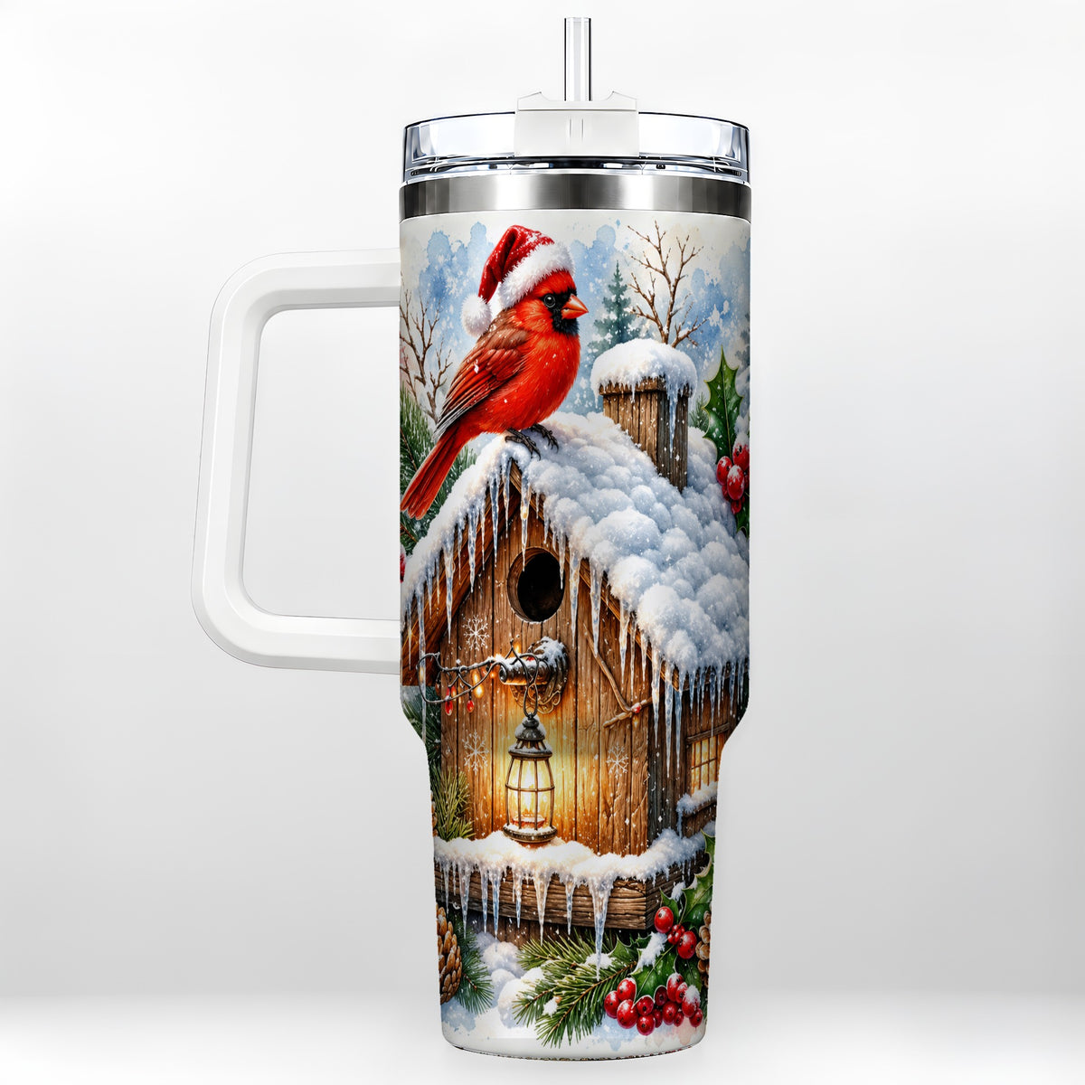 Snowy Cardinal 40oz Tumbler with Handle, Winter Birdhouse Travel Cup
