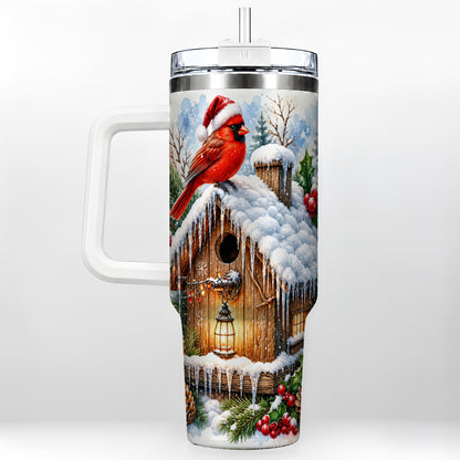 Snowy Cardinal 40oz Tumbler with Handle, Winter Birdhouse Travel Cup