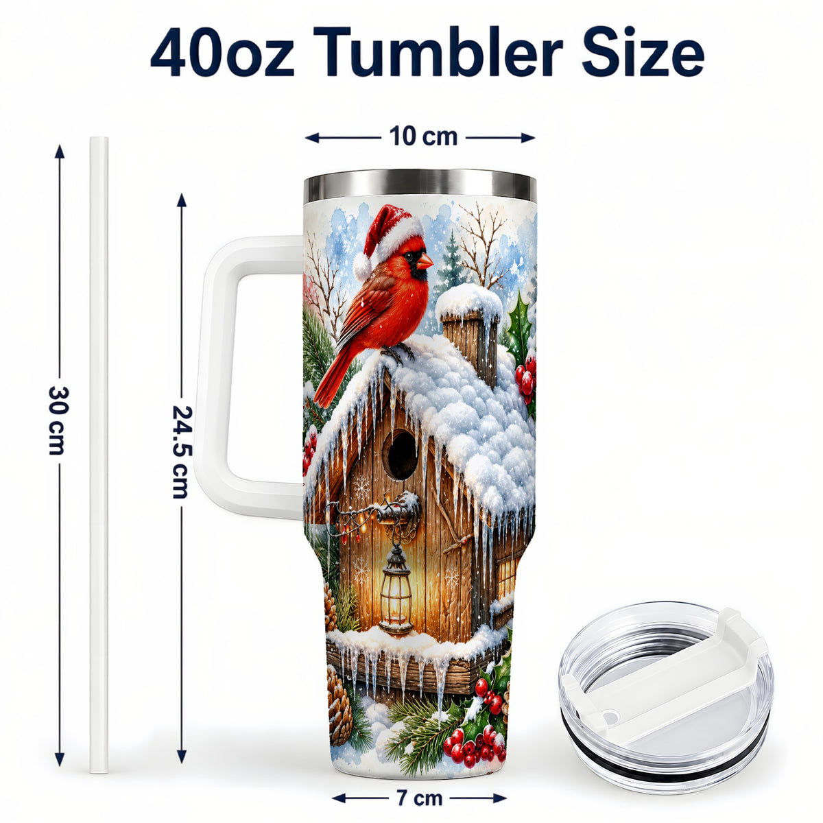 #pl[40oz|White] Snowy Cardinal 40oz Tumbler with Handle, Winter Birdhouse Travel Cup