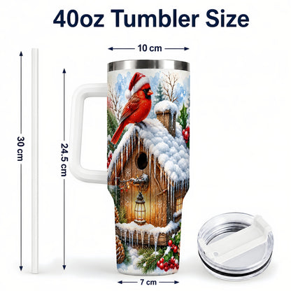 #pl[40oz|White] Snowy Cardinal 40oz Tumbler with Handle, Winter Birdhouse Travel Cup