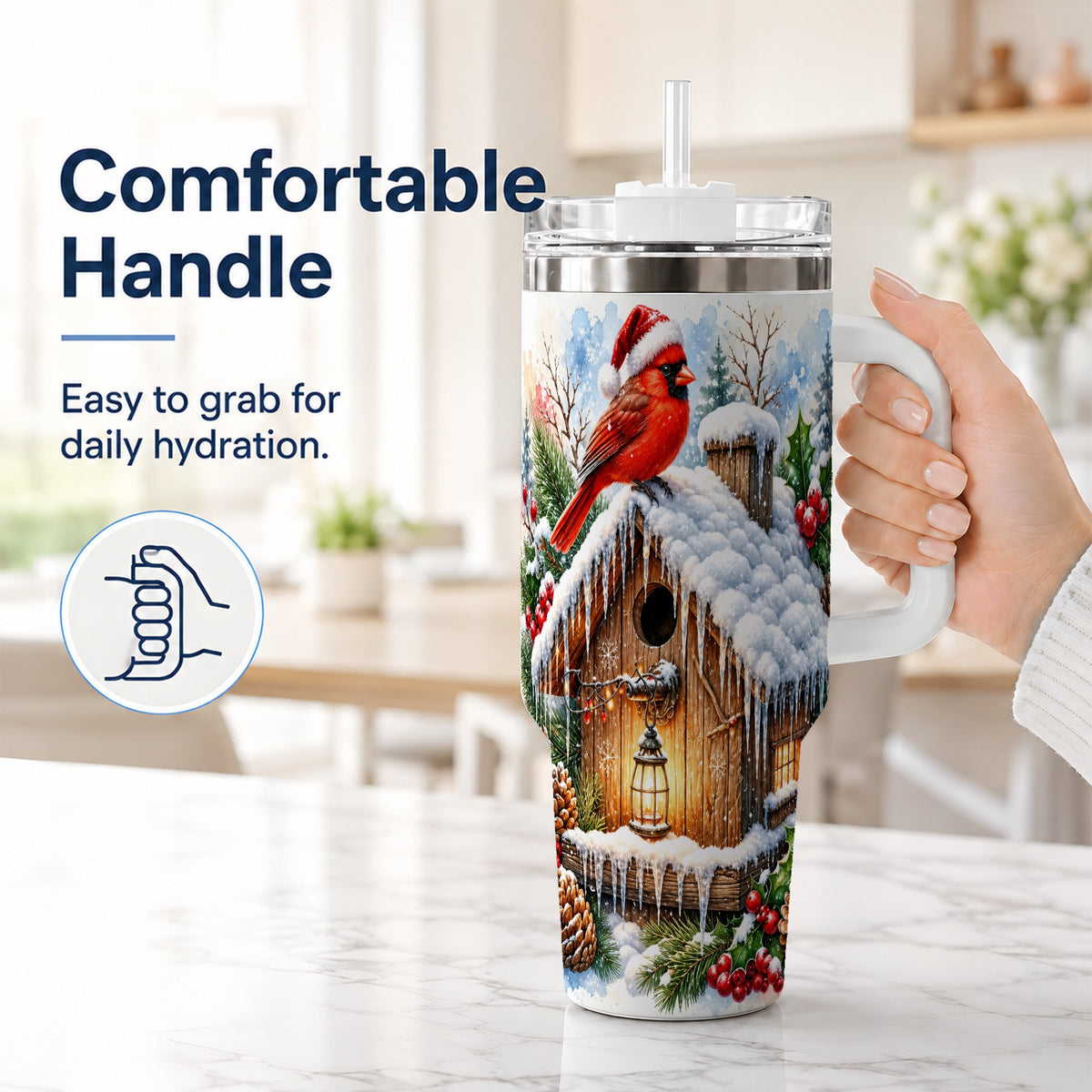 #pl[40oz|White] Snowy Cardinal 40oz Tumbler with Handle, Winter Birdhouse Travel Cup