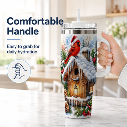#pl[40oz|White] Snowy Cardinal 40oz Tumbler with Handle, Winter Birdhouse Travel Cup