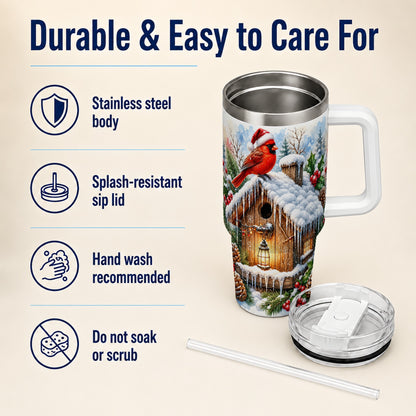 Snowy Cardinal 40oz Tumbler with Handle, Winter Birdhouse Travel Cup