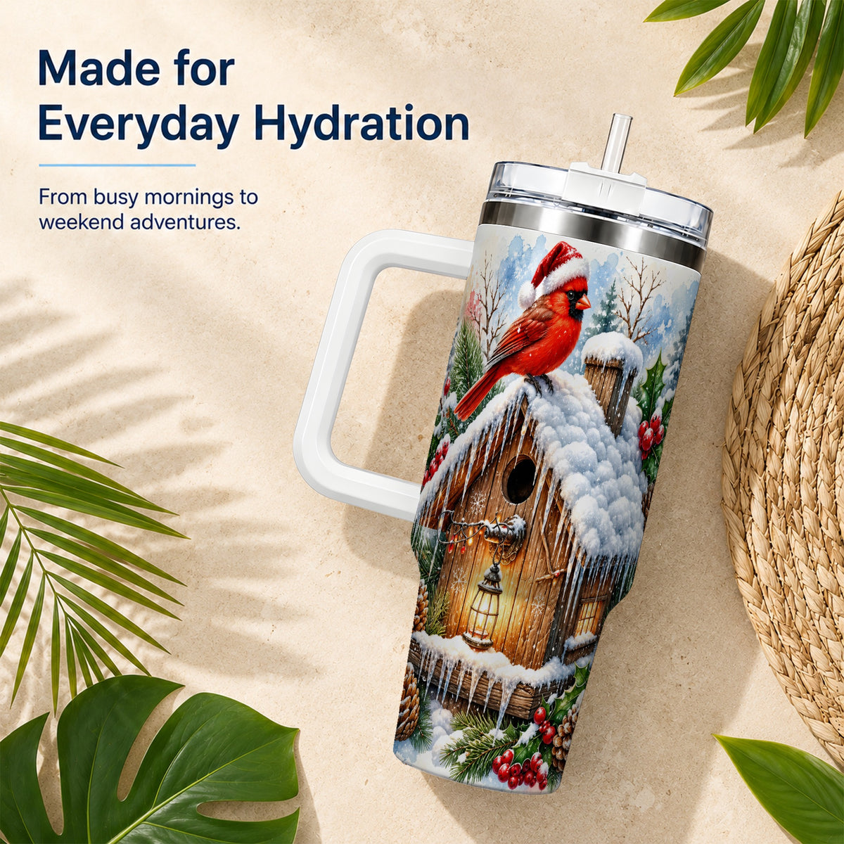 Snowy Cardinal 40oz Tumbler with Handle, Winter Birdhouse Travel Cup