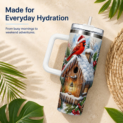 Snowy Cardinal 40oz Tumbler with Handle, Winter Birdhouse Travel Cup