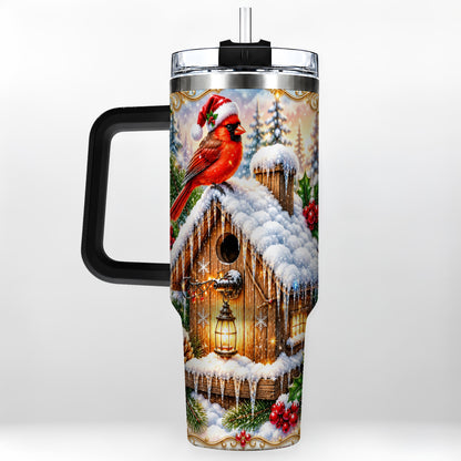 #pl[40oz|Black] Christmas Cardinal 40oz Tumbler with Handle, Snowy Birdhouse Travel Cup