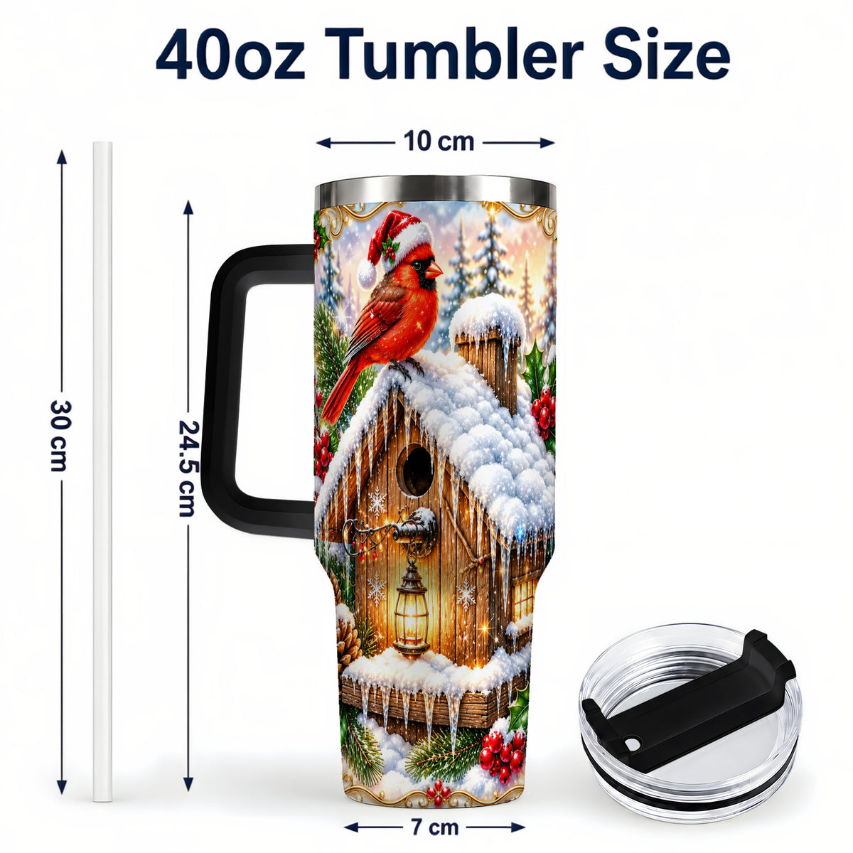 #pl[40oz|Black] Christmas Cardinal 40oz Tumbler with Handle, Snowy Birdhouse Travel Cup