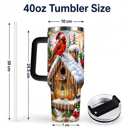 #pl[40oz|Black] Christmas Cardinal 40oz Tumbler with Handle, Snowy Birdhouse Travel Cup