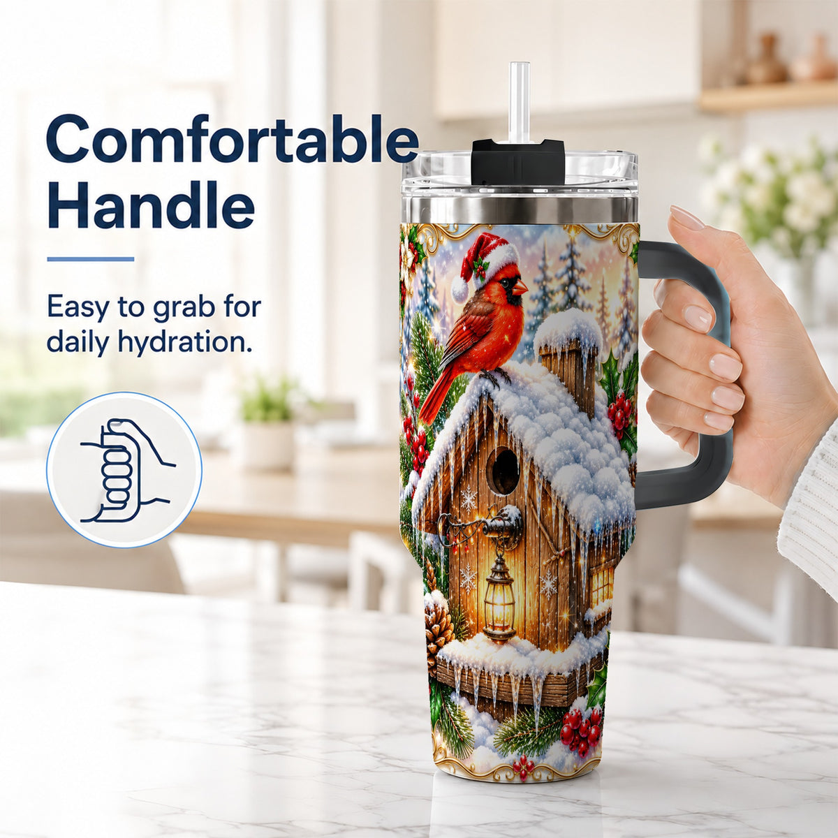 #pl[40oz|Black] Christmas Cardinal 40oz Tumbler with Handle, Snowy Birdhouse Travel Cup