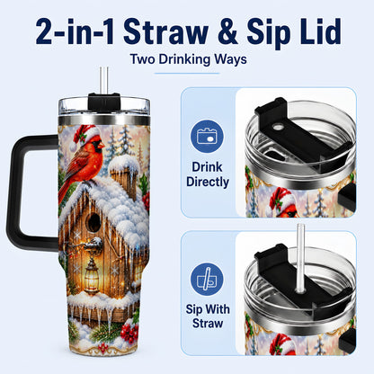 #pl[40oz|Black] Christmas Cardinal 40oz Tumbler with Handle, Snowy Birdhouse Travel Cup