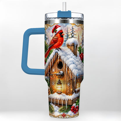 #pl[40oz|Blue] Christmas Cardinal 40oz Tumbler with Handle, Snowy Birdhouse Travel Cup