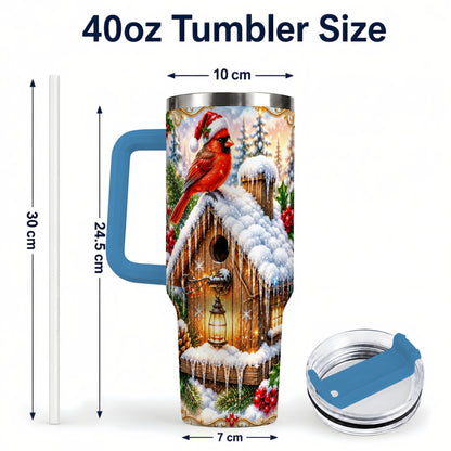 #pl[40oz|Blue] Christmas Cardinal 40oz Tumbler with Handle, Snowy Birdhouse Travel Cup