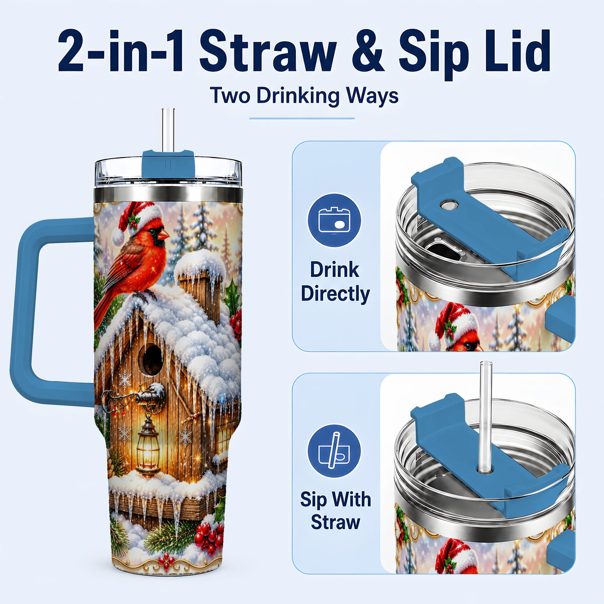 #pl[40oz|Blue] Christmas Cardinal 40oz Tumbler with Handle, Snowy Birdhouse Travel Cup