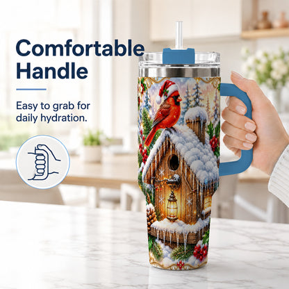 #pl[40oz|Blue] Christmas Cardinal 40oz Tumbler with Handle, Snowy Birdhouse Travel Cup