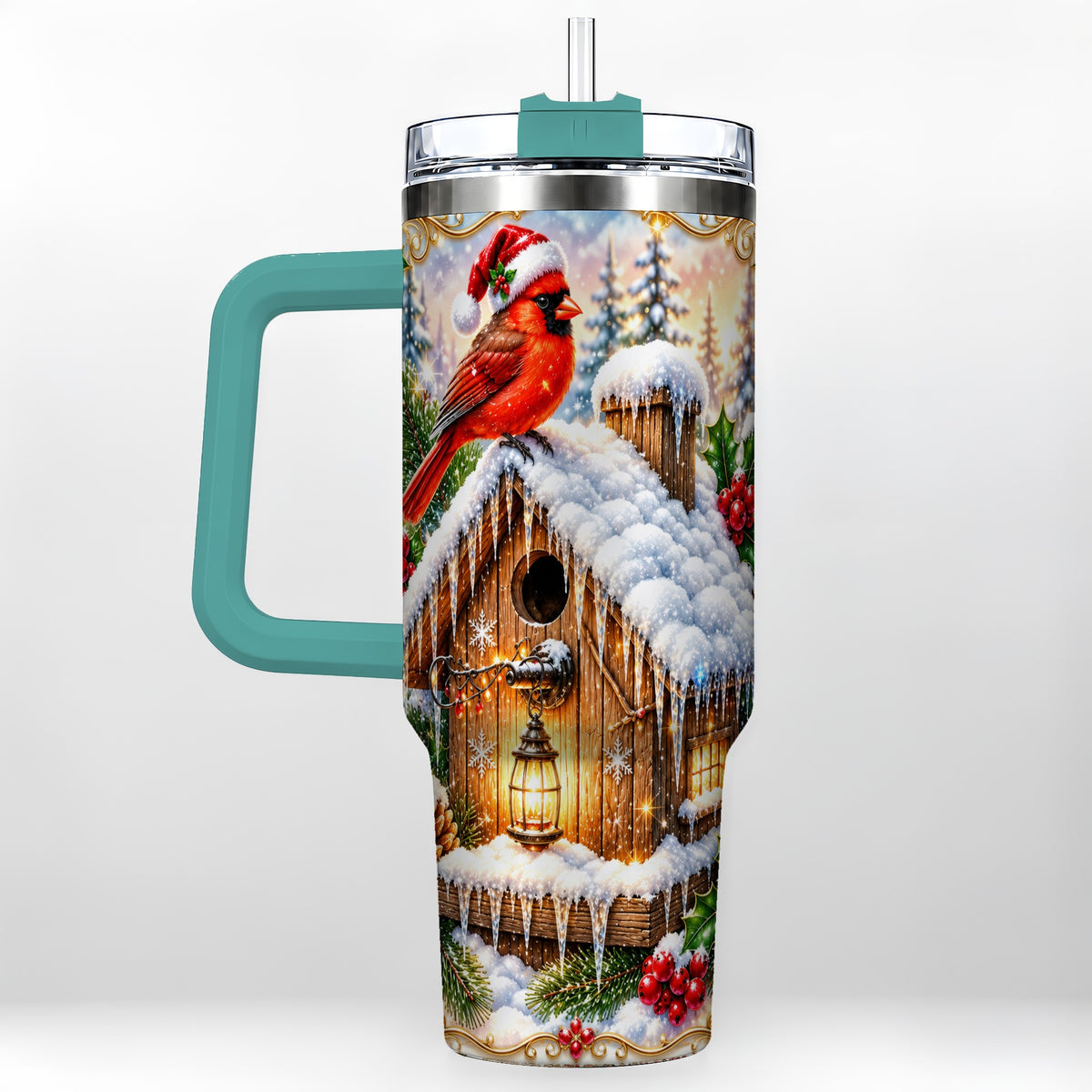 #pl[40oz|Green] Christmas Cardinal 40oz Tumbler with Handle, Snowy Birdhouse Travel Cup