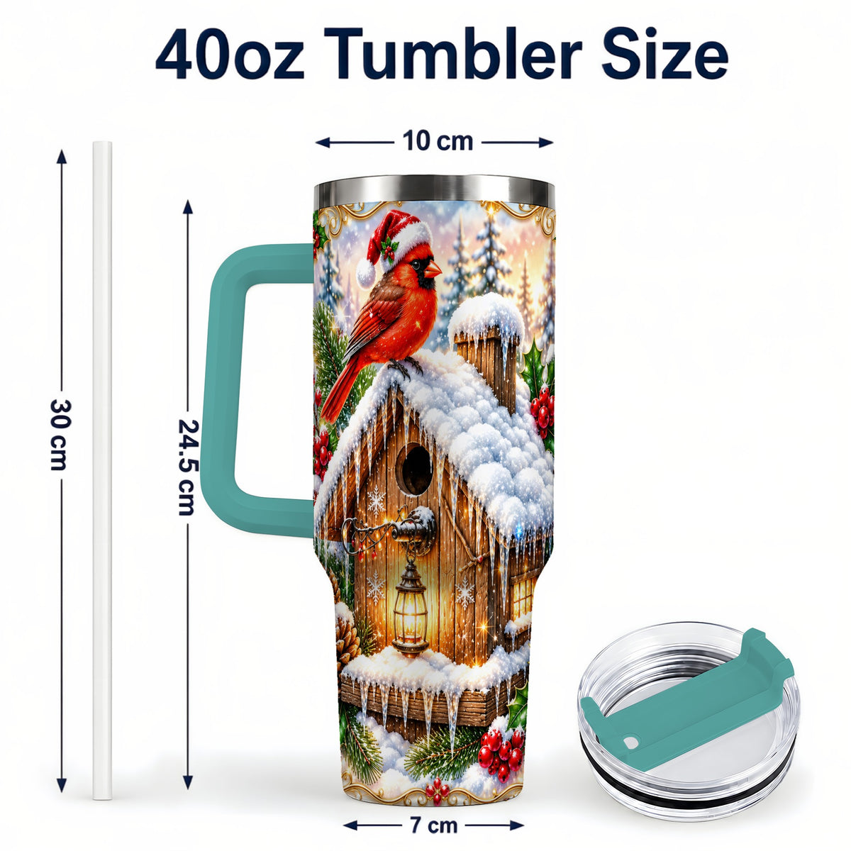#pl[40oz|Green] Christmas Cardinal 40oz Tumbler with Handle, Snowy Birdhouse Travel Cup