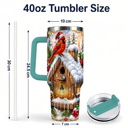 #pl[40oz|Green] Christmas Cardinal 40oz Tumbler with Handle, Snowy Birdhouse Travel Cup