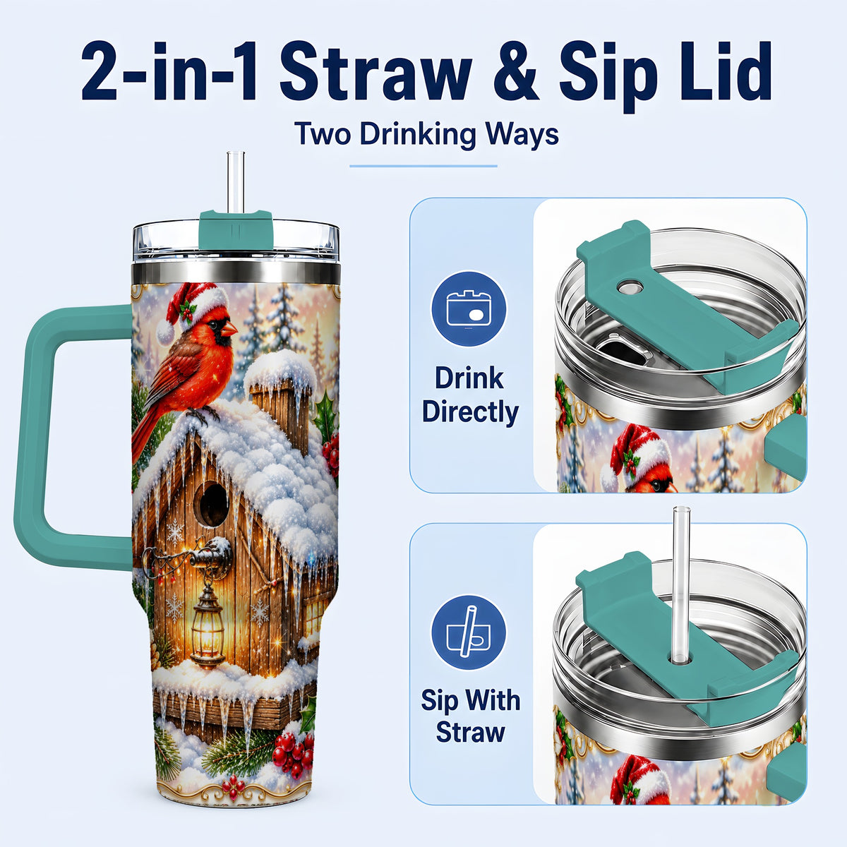 #pl[40oz|Green] Christmas Cardinal 40oz Tumbler with Handle, Snowy Birdhouse Travel Cup