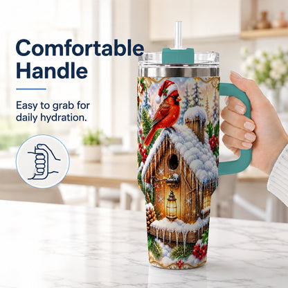 #pl[40oz|Green] Christmas Cardinal 40oz Tumbler with Handle, Snowy Birdhouse Travel Cup